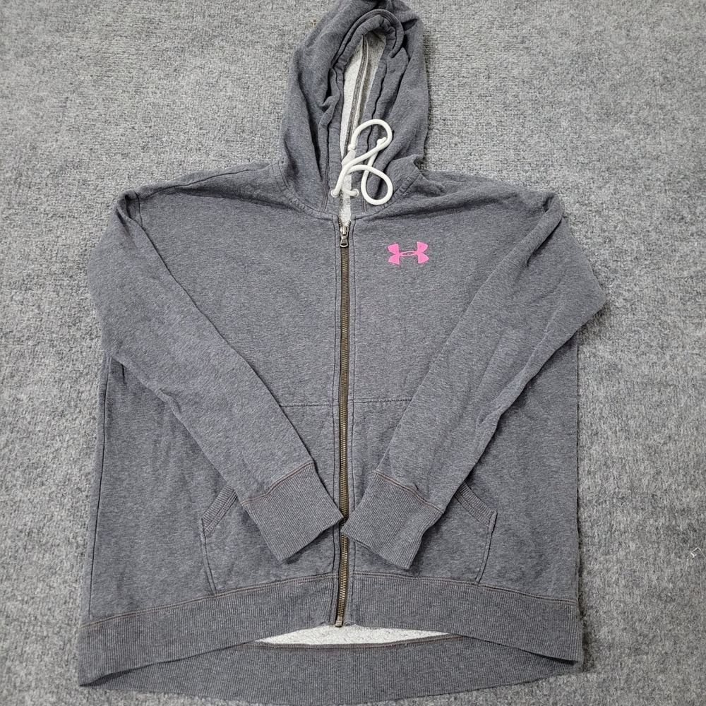 Under Armour Hoodie Womens Size L Gray Pink Full Zip Graphic Logo Athletic Soft